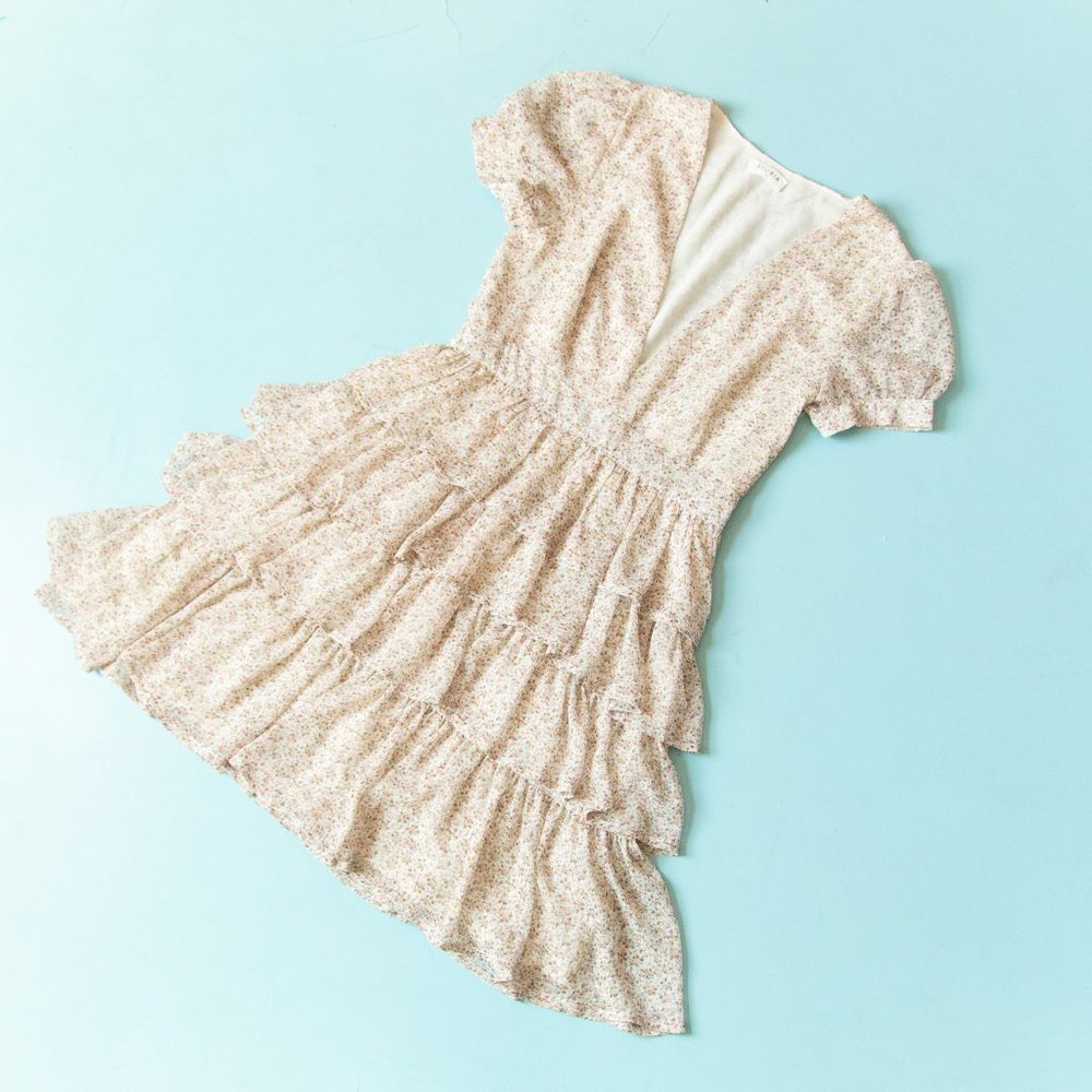 Storia Cream Micro Floral Puff Sleeve V-Neck Ruffle Skirt Mini Dress Size Small